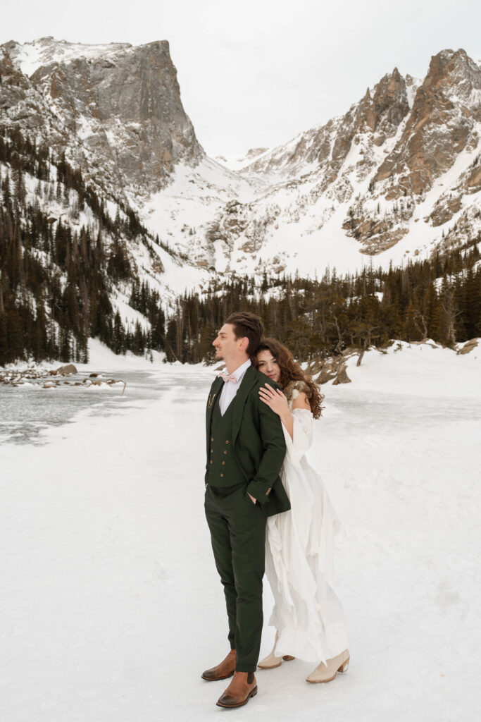 Bride and groom celebrating their elopement at Dream Lake